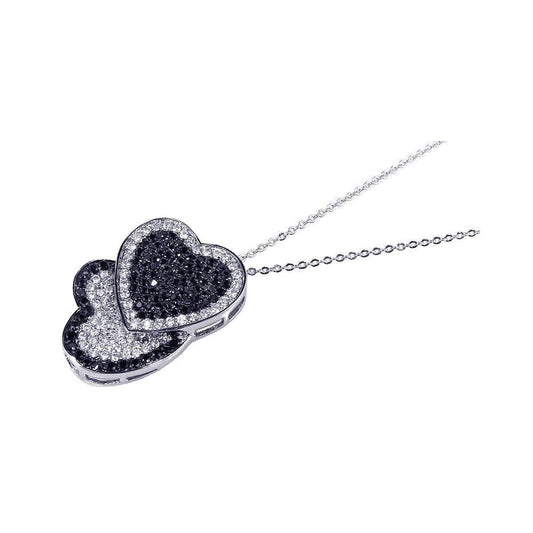 Silver 925 Clear Black CZ Rhodium Plated Double Heart Pendant Necklace