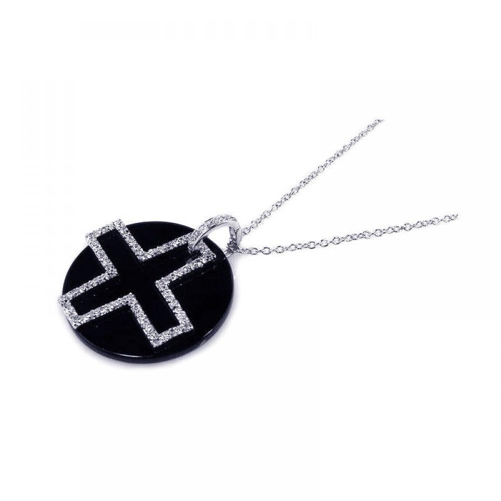 Silver 925 Clear CZ and Onyx Rhodium Plated Cross Pendant Necklace