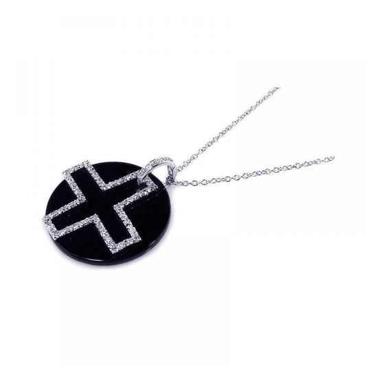 Silver 925 Clear CZ and Onyx Rhodium Plated Cross Pendant Necklace