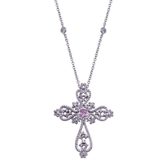 Silver 925 Rhodium Plated Clear and Pink Cross Pattern Pendant Necklace