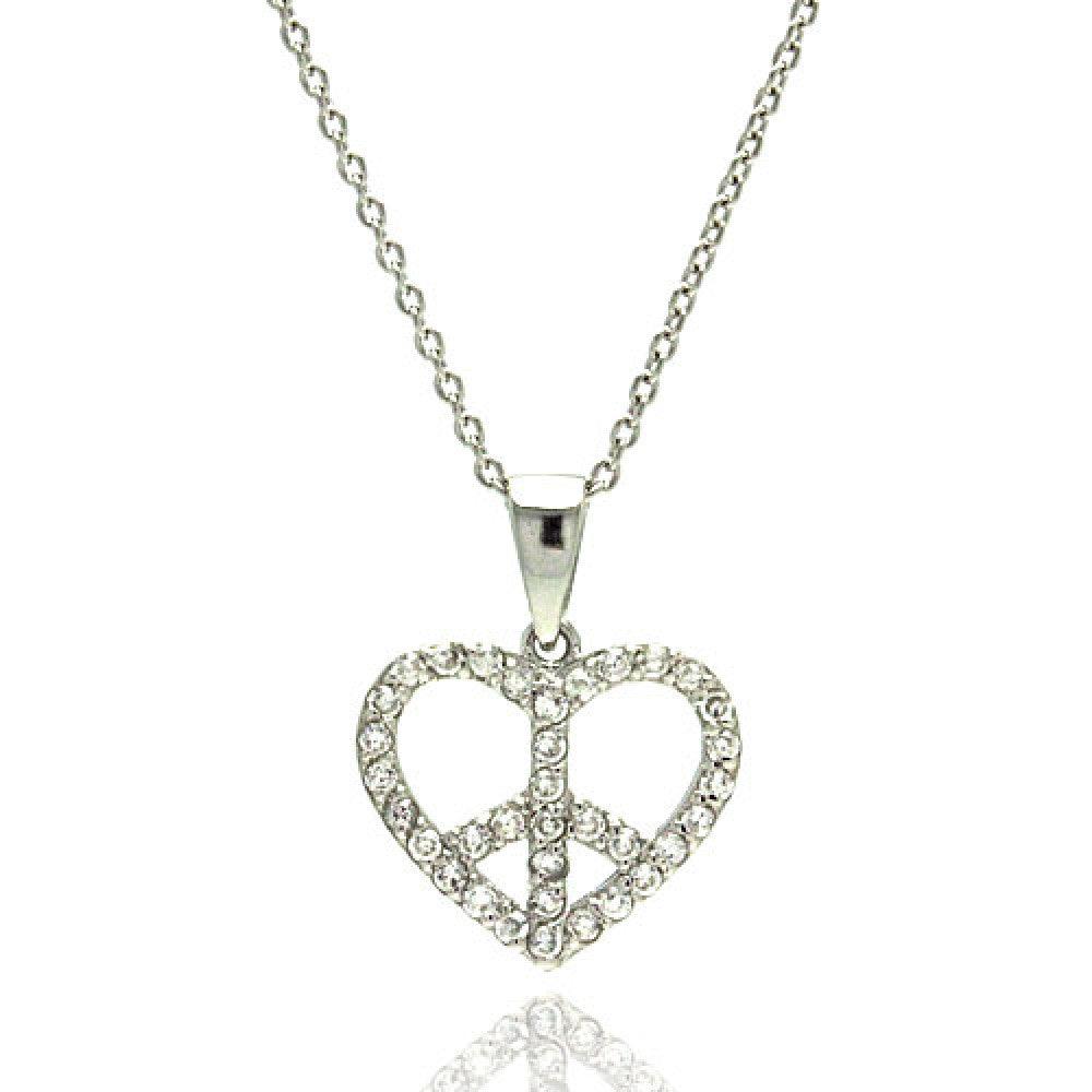 Silver 925 Rhodium Plated Heart Peace Sign CZ Pendant Necklace