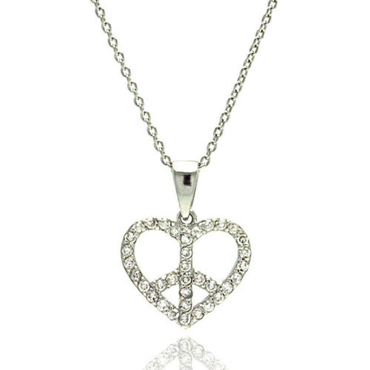 Silver 925 Rhodium Plated Heart Peace Sign CZ Pendant Necklace