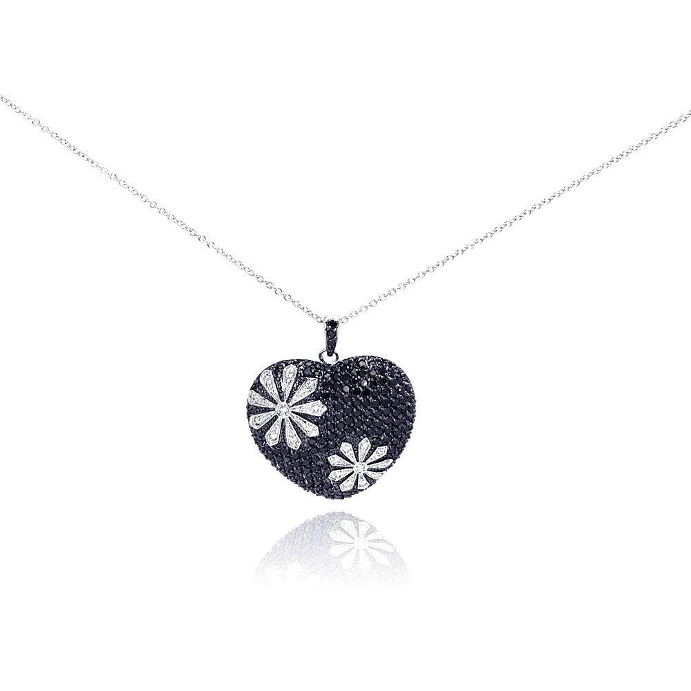 Silver 925 Black and Rhodium Plated Flower Design Black Heart CZ Necklace