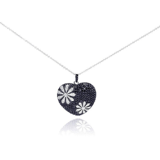 Silver 925 Black and Rhodium Plated Flower Design Black Heart CZ Necklace