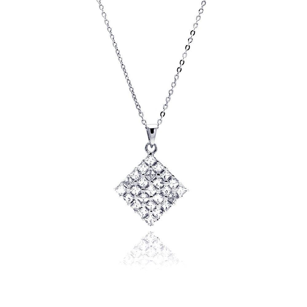 Silver 925 Clear CZ Rhodium Plated Square Pendant Necklace