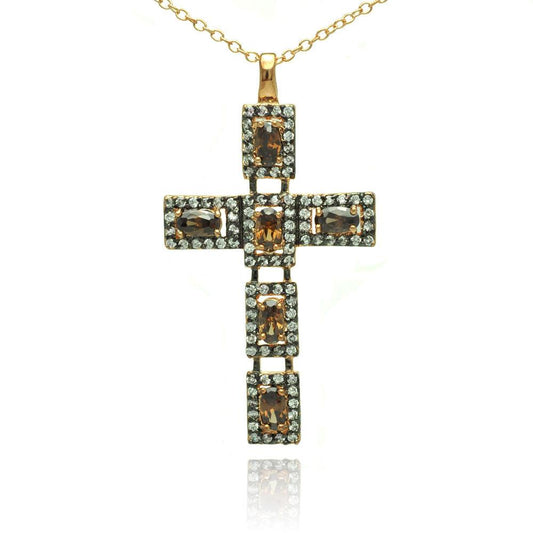 Silver 925 Rhodium Plated Cross Clear and Champagne CZ Necklace