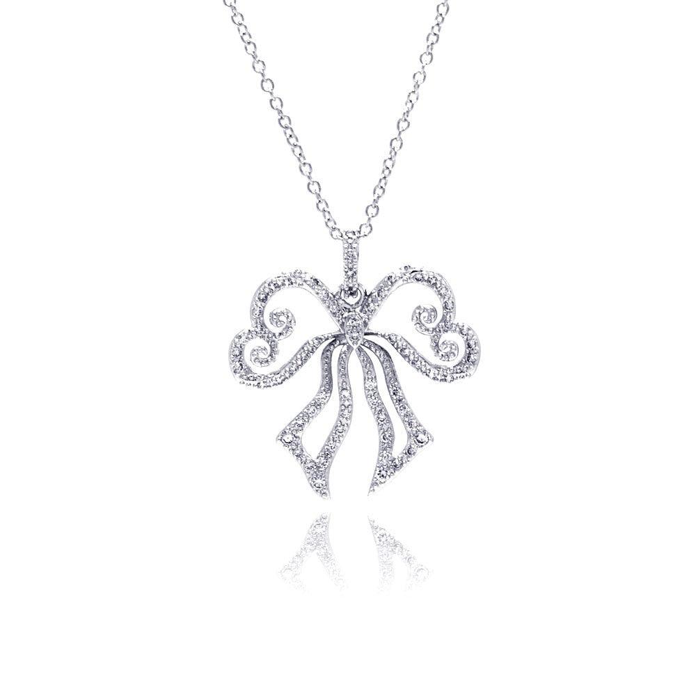 Silver 925 Rhodium Plated Open Ribbon CZ Necklace