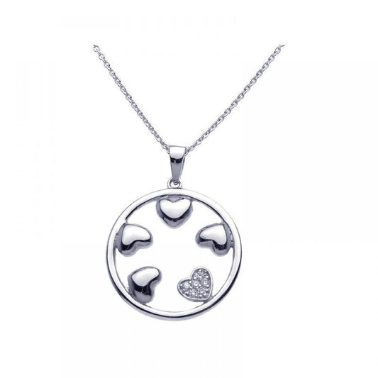 Silver 925 Rhodium Plated Clear CZ Circle Hearts Pendant Necklace