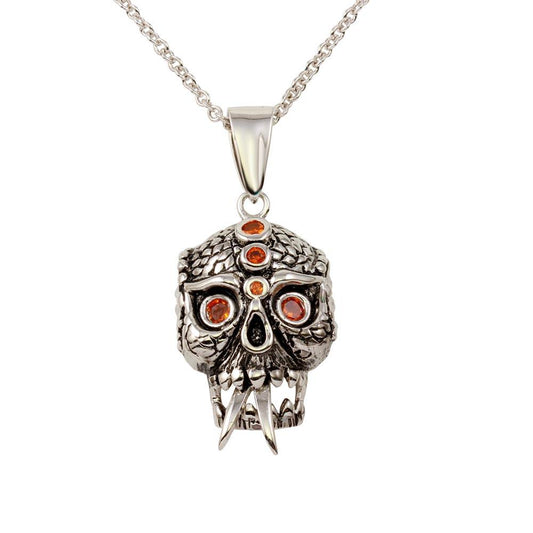 Rhodium Plated 925 Sterling Silver Scary Skull Pendant Necklace with Red CZ