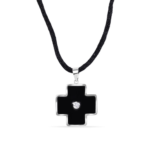 Silver 925 Rhodium Plated Black Enamel Cross Clear CZ Black Cord Pendant Necklace