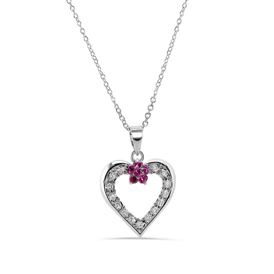 Rhodium 925 Sterling Silver Open Heart With Flower Cubic Zirconia Necklace