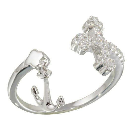 Rhodium Plated 925 Sterling Silver Open Cross and Anchor Ring with CZ