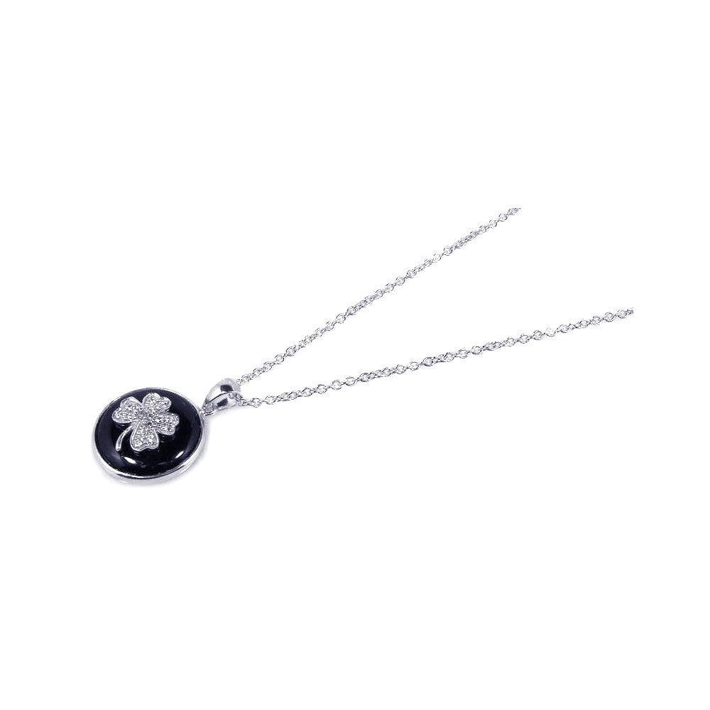 Silver 925 Rhodium Plated Onyx Clover Pendant Necklace