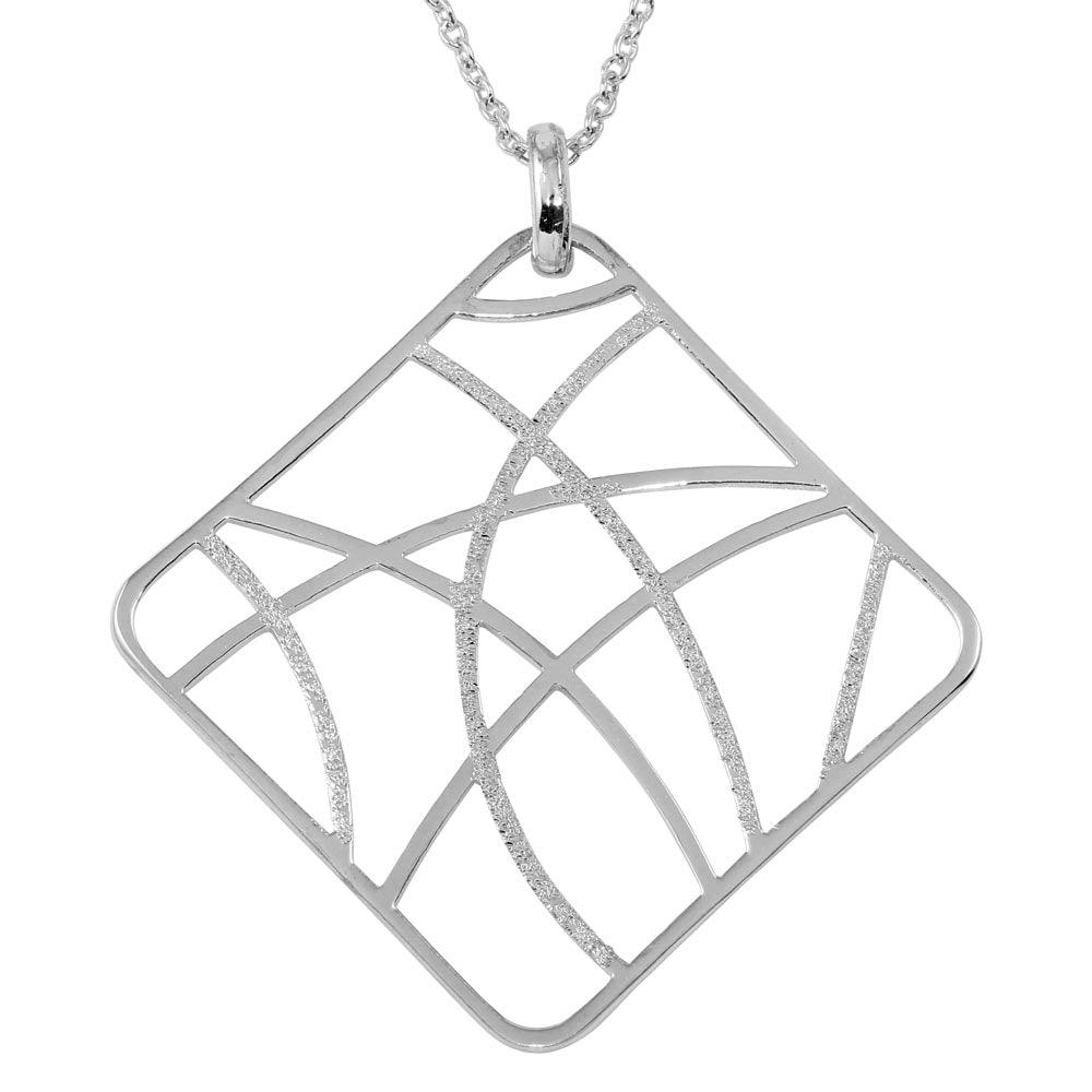 Rhodium Plated 925 Sterling Silver Square-Shaped Pendant Necklace