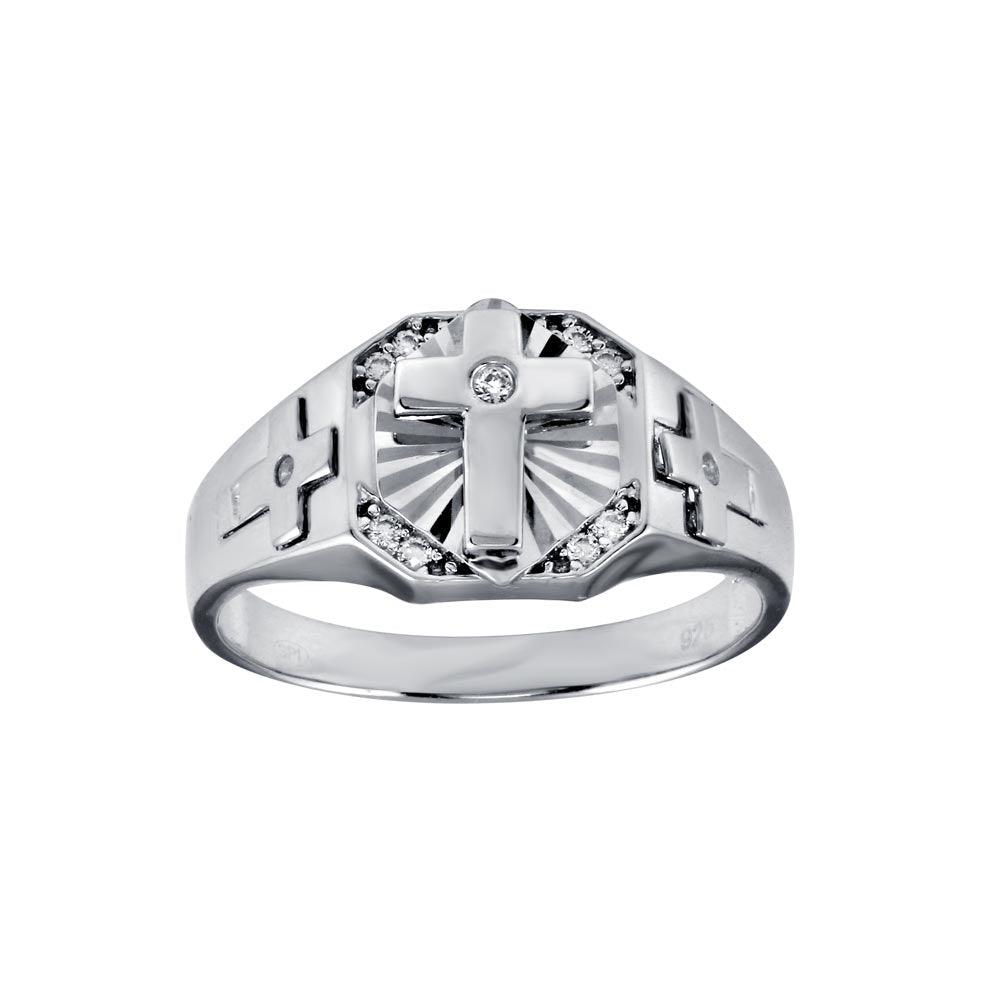 Rhodium Plated 925 Sterling Silver Cross CZ Ring