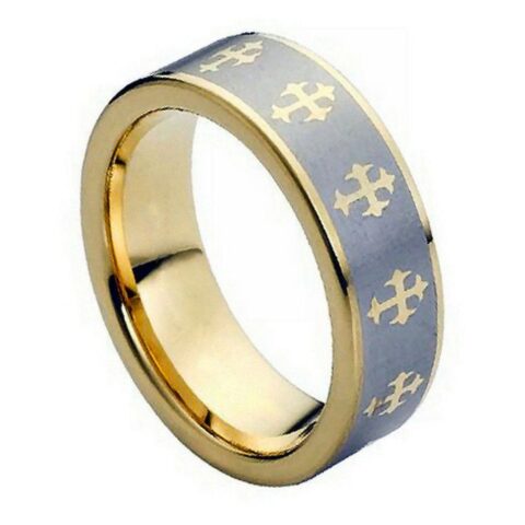 Tungsten Ring Yellow Gold Tone IP Plated Laser Engraved Crosses Design