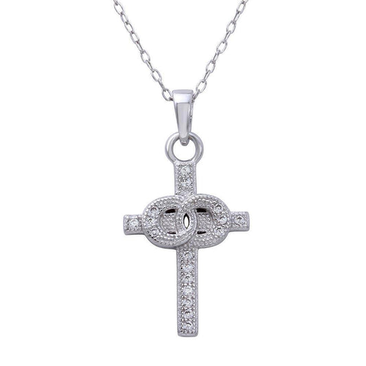 Rhodium Plated 925 Sterling Silver Small Cross Pendant with Linked Rings Center and CZ