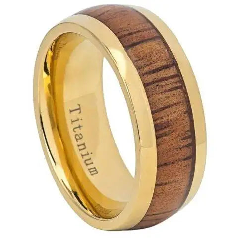 Yellow IP Domed Titanium Ring with Hawaiian Koa Inlay