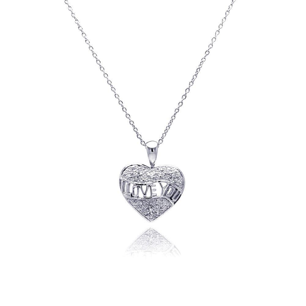 Silver 925 Clear CZ Rhodium Plated I Love You Pendant Necklace