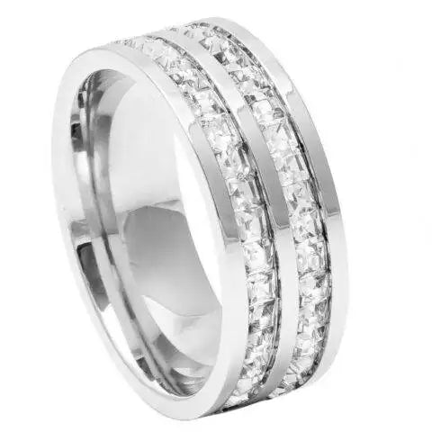 Unplated Titanium Ring Double Row Princess cut Eternity CZ