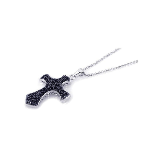 Silver 925 Rhodium Plated Black Cross CZ Necklace