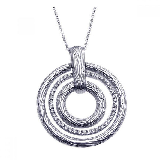 Silver 925 Rhodium Plated Clear CZ Triple Circle Pendant Necklace