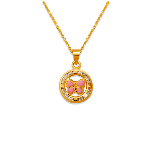 Pink Mini Round Enamel Butterfly CZ Pendant