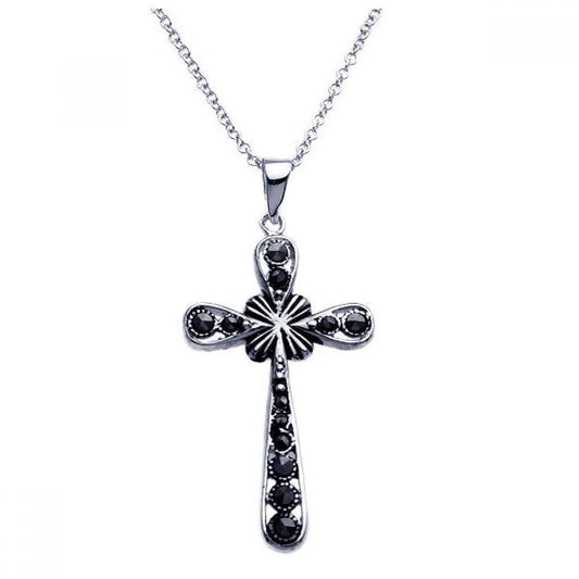 Silver 925 Black Rhodium Plated Cross CZ Dangling Necklace