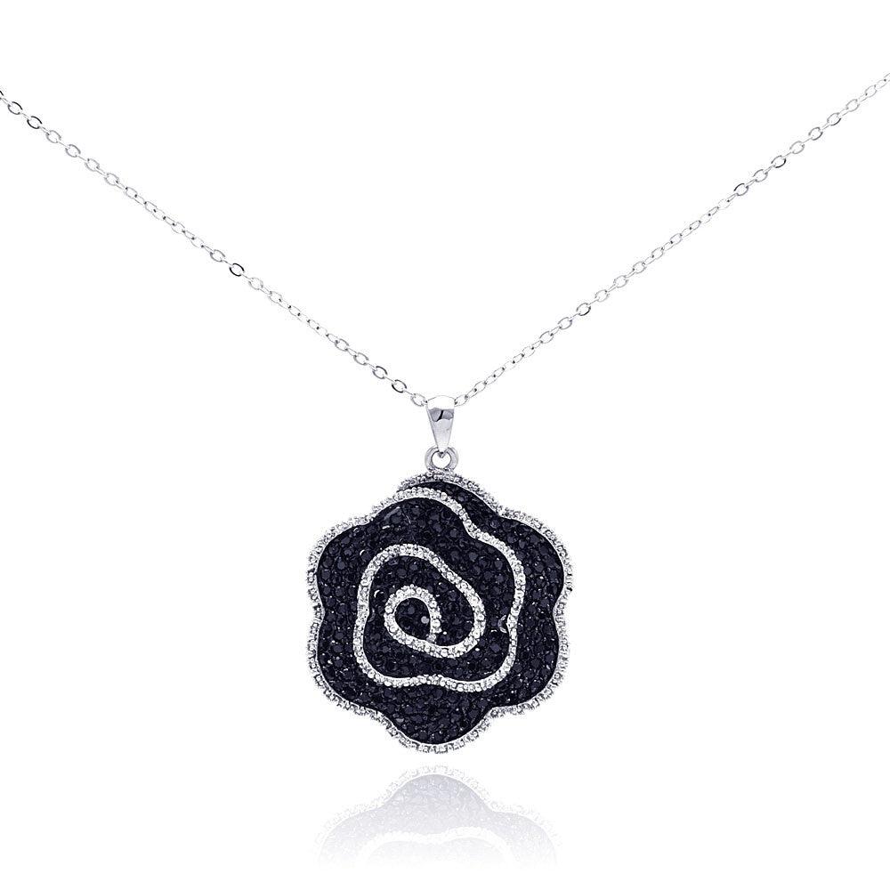 Silver 925 Rhodium Plated Black and Clear CZ Covered Flower Necklace