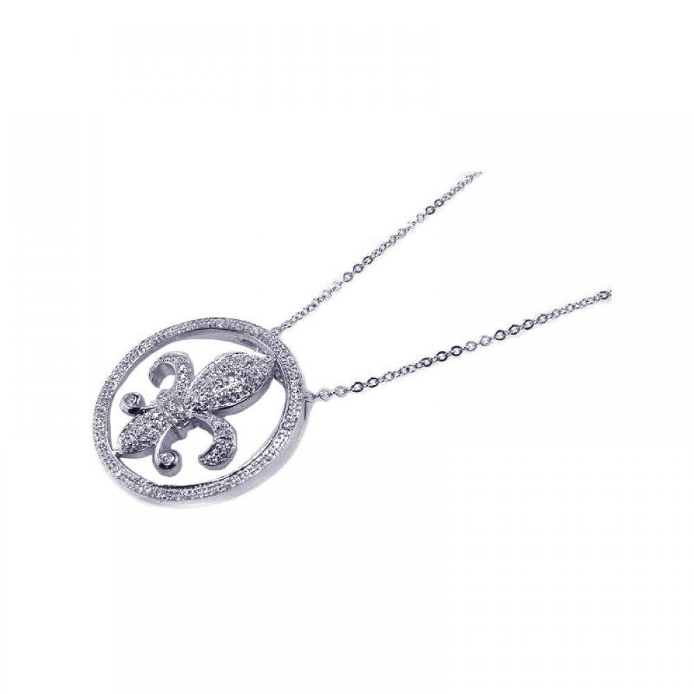 Silver 925 Clear CZ Rhodium Plated Flor Di Lis Pendant Necklace