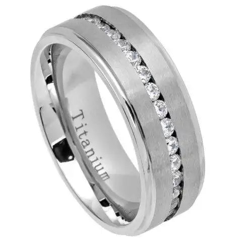 White IP Plated Titanium Ring Brushed Center Shiny Stepped Edge with Eternity Style CZs