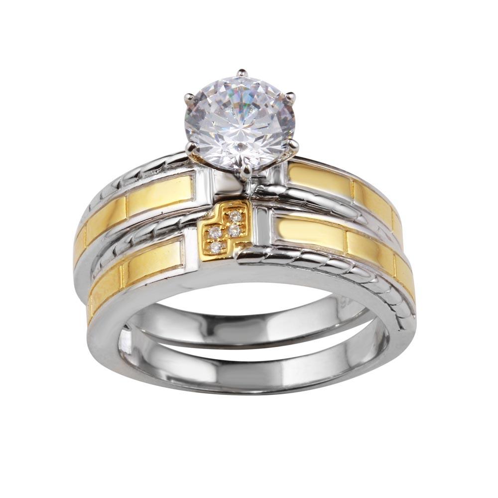 Two-Tone 925 Sterling Silver His and Hers Ring Set with CZ