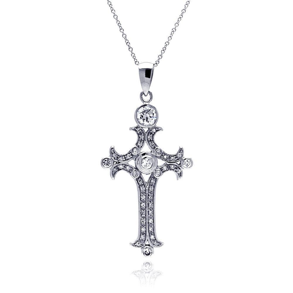 Silver 925 Clear CZ Rhodium Plated Fancy Cross Pendant Necklace