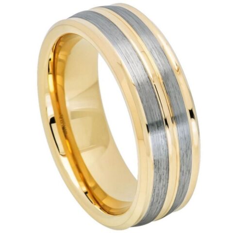 Tungsten Ring Yellow Gold IP Plated Pinstripe Gun Metal Finish Low Beveled Edge