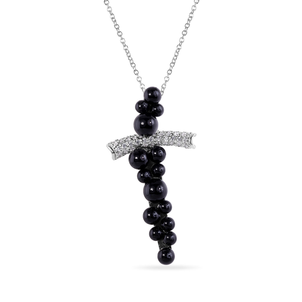 Silver 925 Rhodium Plated Cross CZ Graduate Ball Black Onyx Necklace