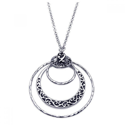 Silver 925 Rhodium Plated Multi Open Circle Flower Design Pendant Necklace