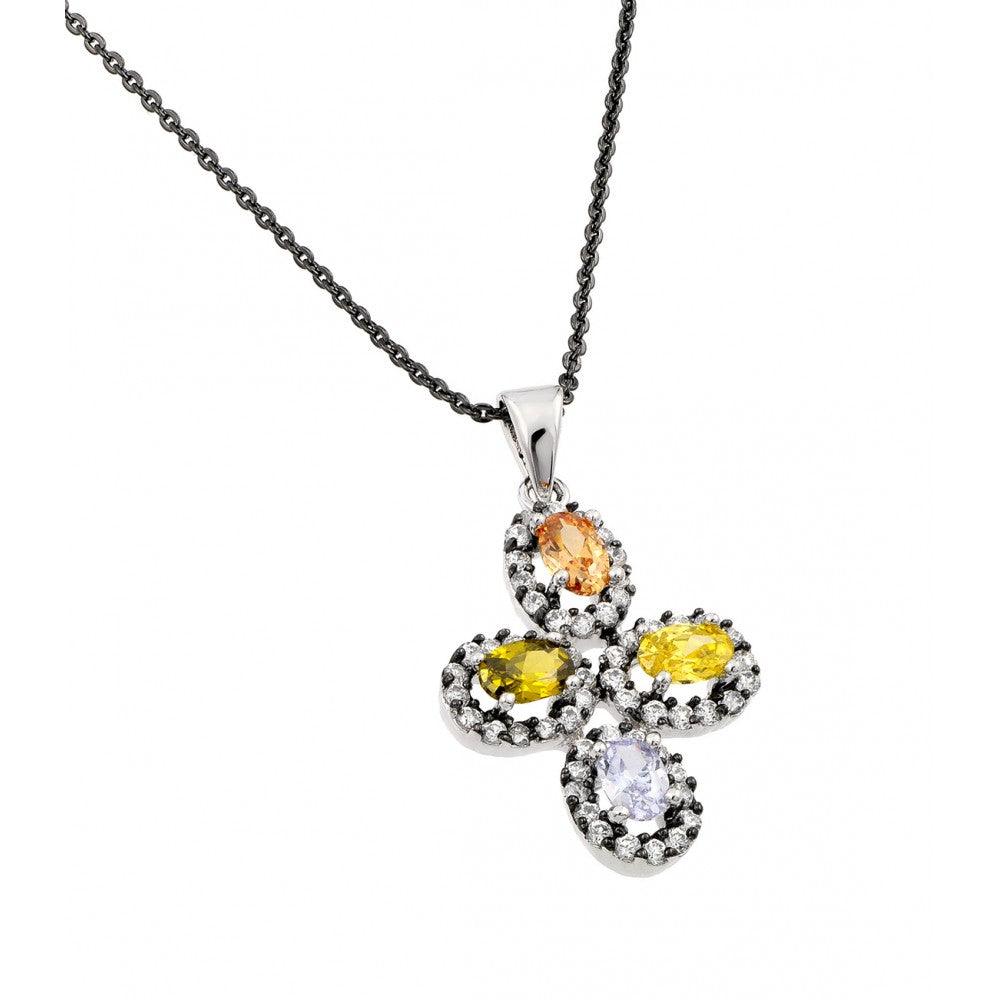 Silver 925 Rhodium Plated Multicolor Flower Black and Clear CZ Necklace