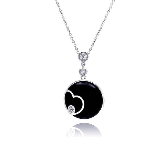 Silver 925 Rhodium Black Round Onyx Heart Outline CZ Necklace