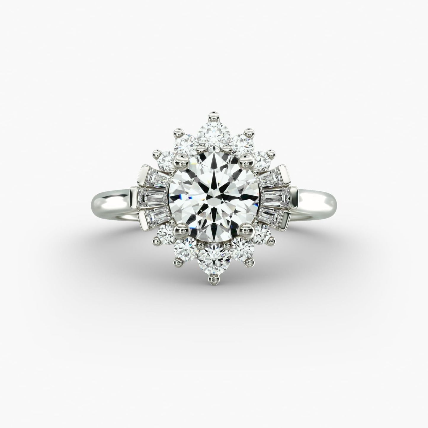 Baguette and Round Ballerina Halo Diamond Engagement Ring