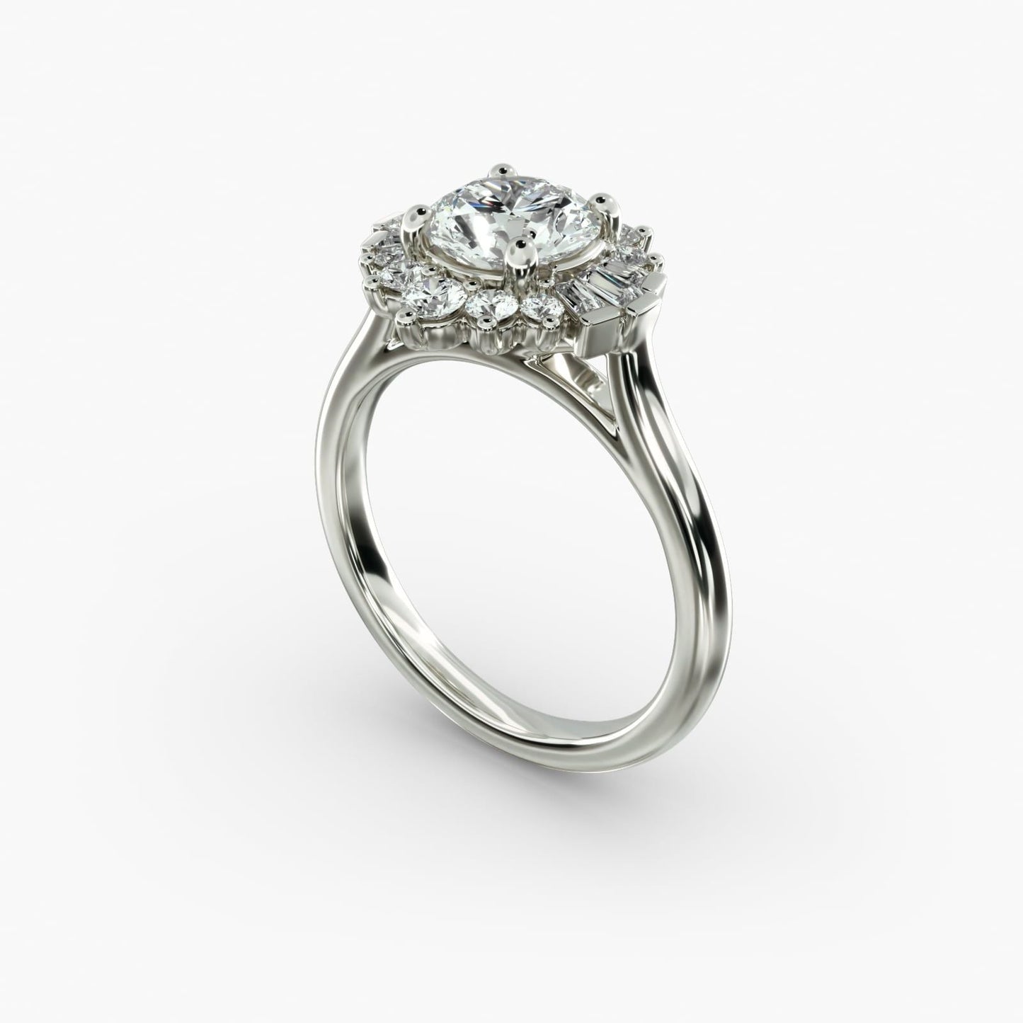 Baguette and Round Ballerina Halo Diamond Engagement Ring