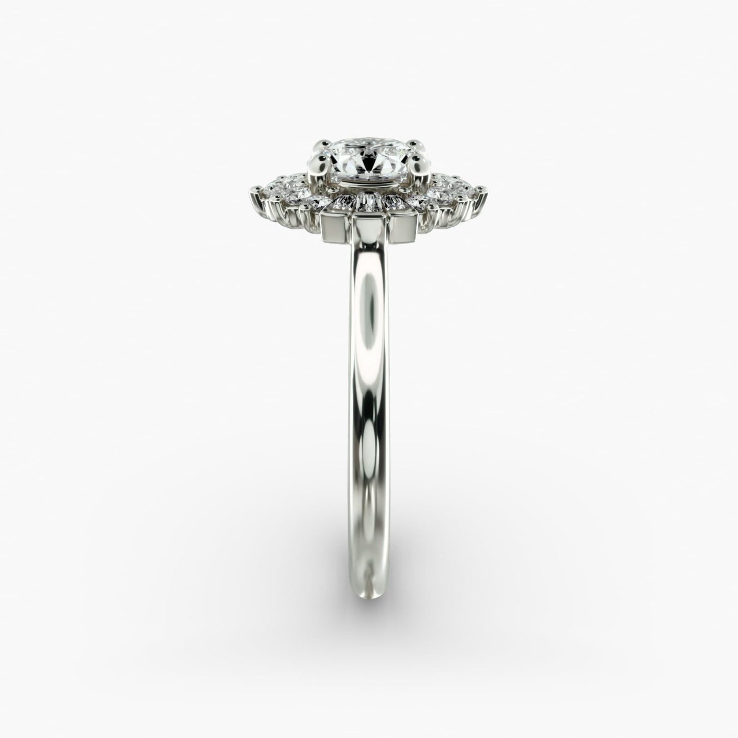 Baguette and Round Ballerina Halo Diamond Engagement Ring