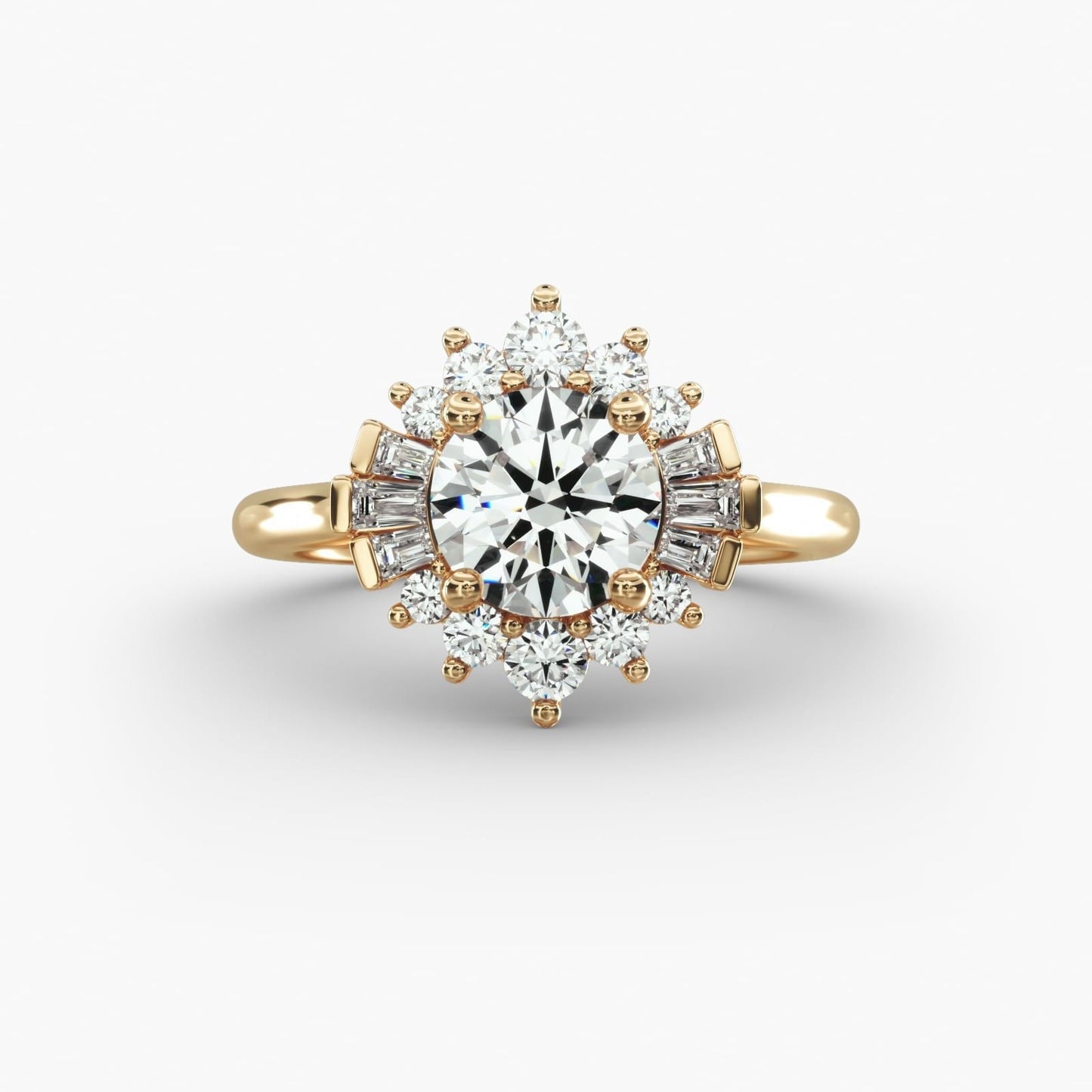 Baguette and Round Ballerina Halo Diamond Engagement Ring