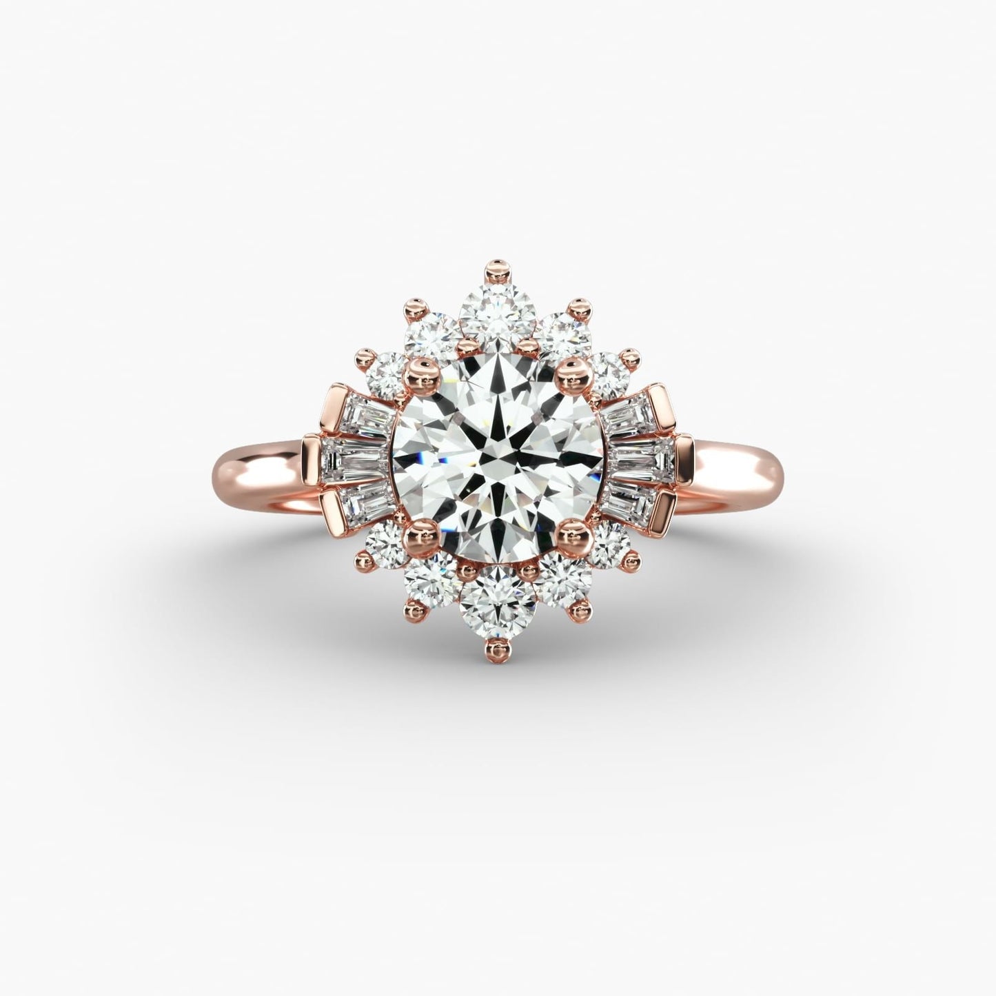 Baguette and Round Ballerina Halo Diamond Engagement Ring